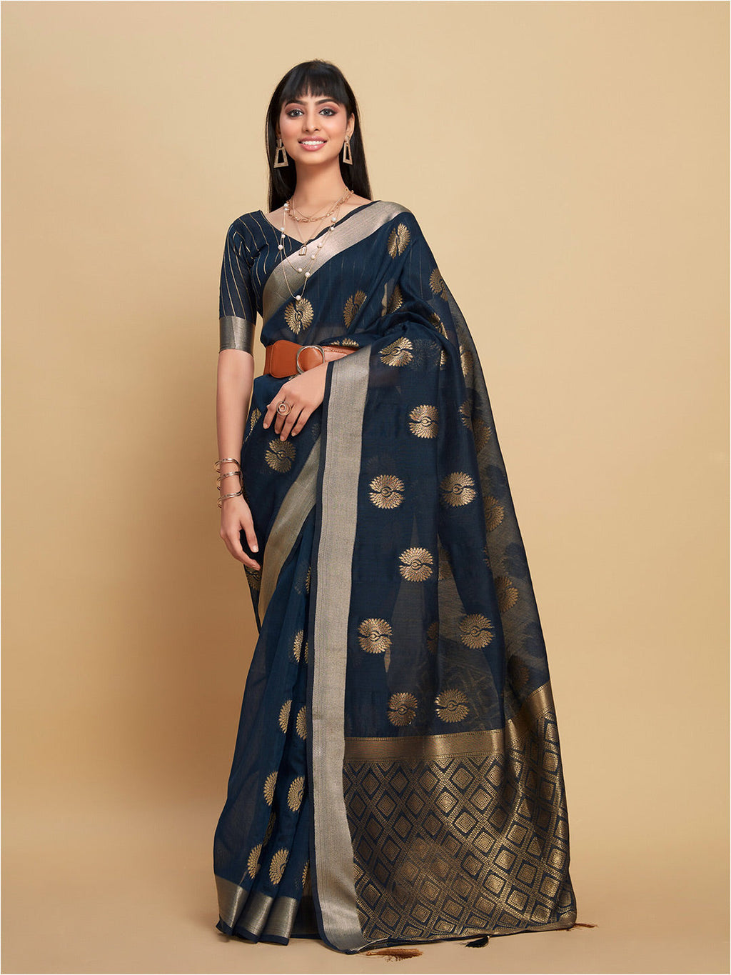 Sangria Navy Blue Ethnic Motifs Woven Design Zari Saree - Distacart