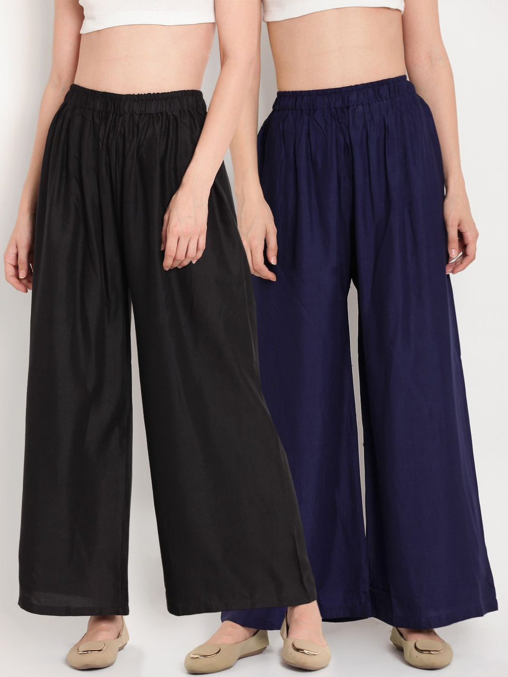 TAG 7 Women Pack Of 2 Black & Navy Blue Solid Flared Palazzos