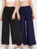 TAG 7 Women Pack Of 2 Black & Navy Blue Solid Flared Palazzos