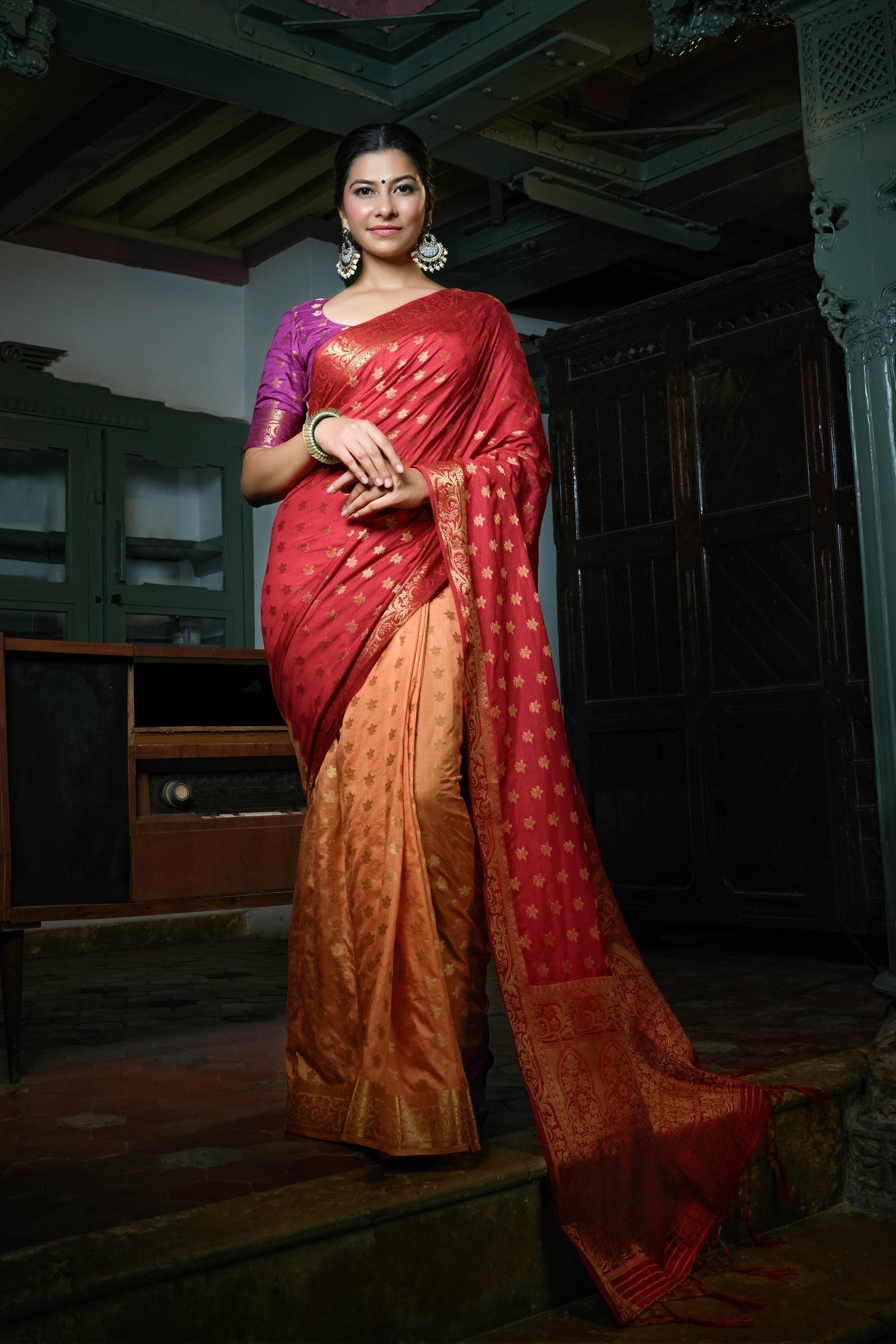 Vardha Ruby Red-Peach Golden Zari Banarasi Raw Silk Saree