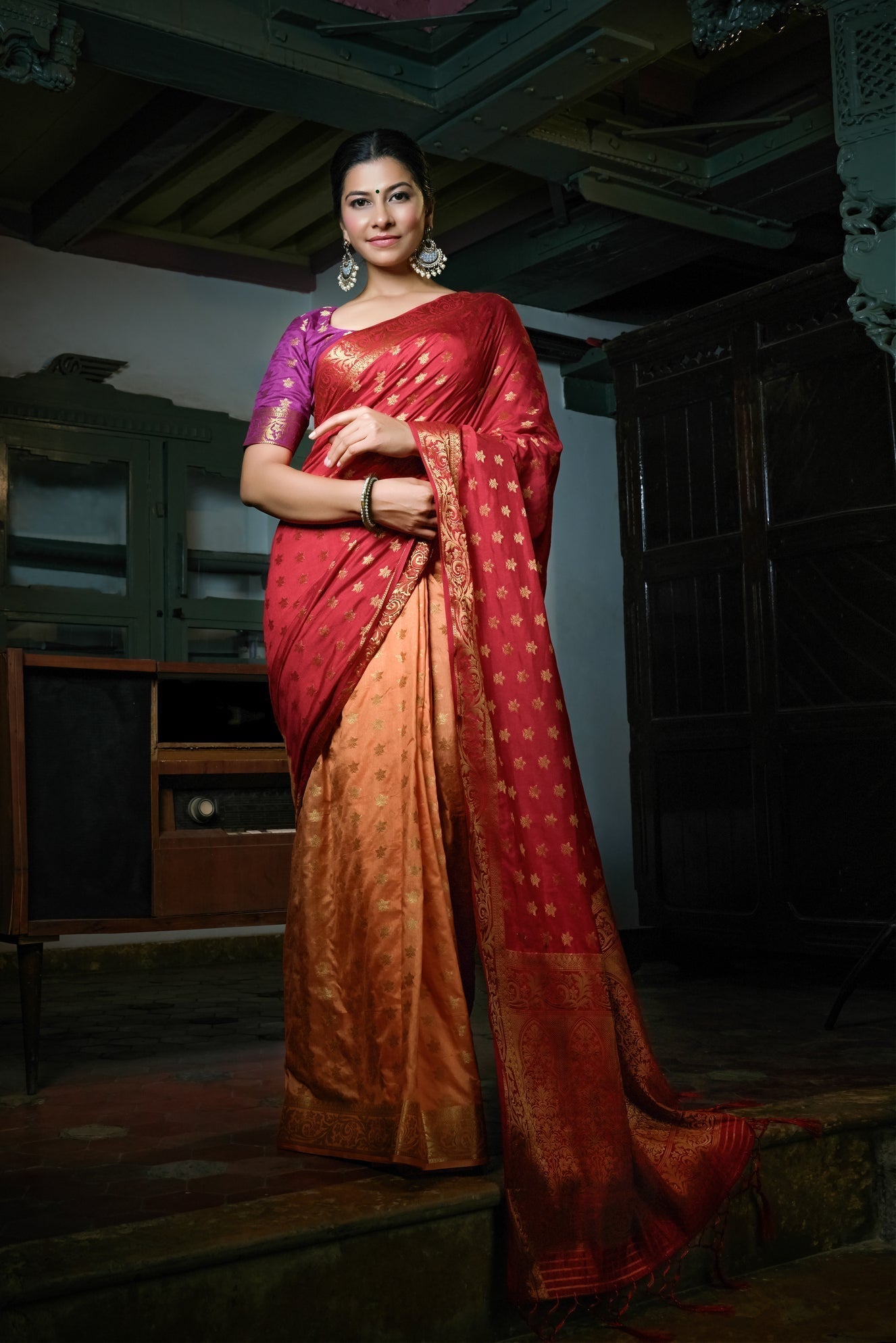 Vardha Ruby Red-Peach Golden Zari Banarasi Raw Silk Saree