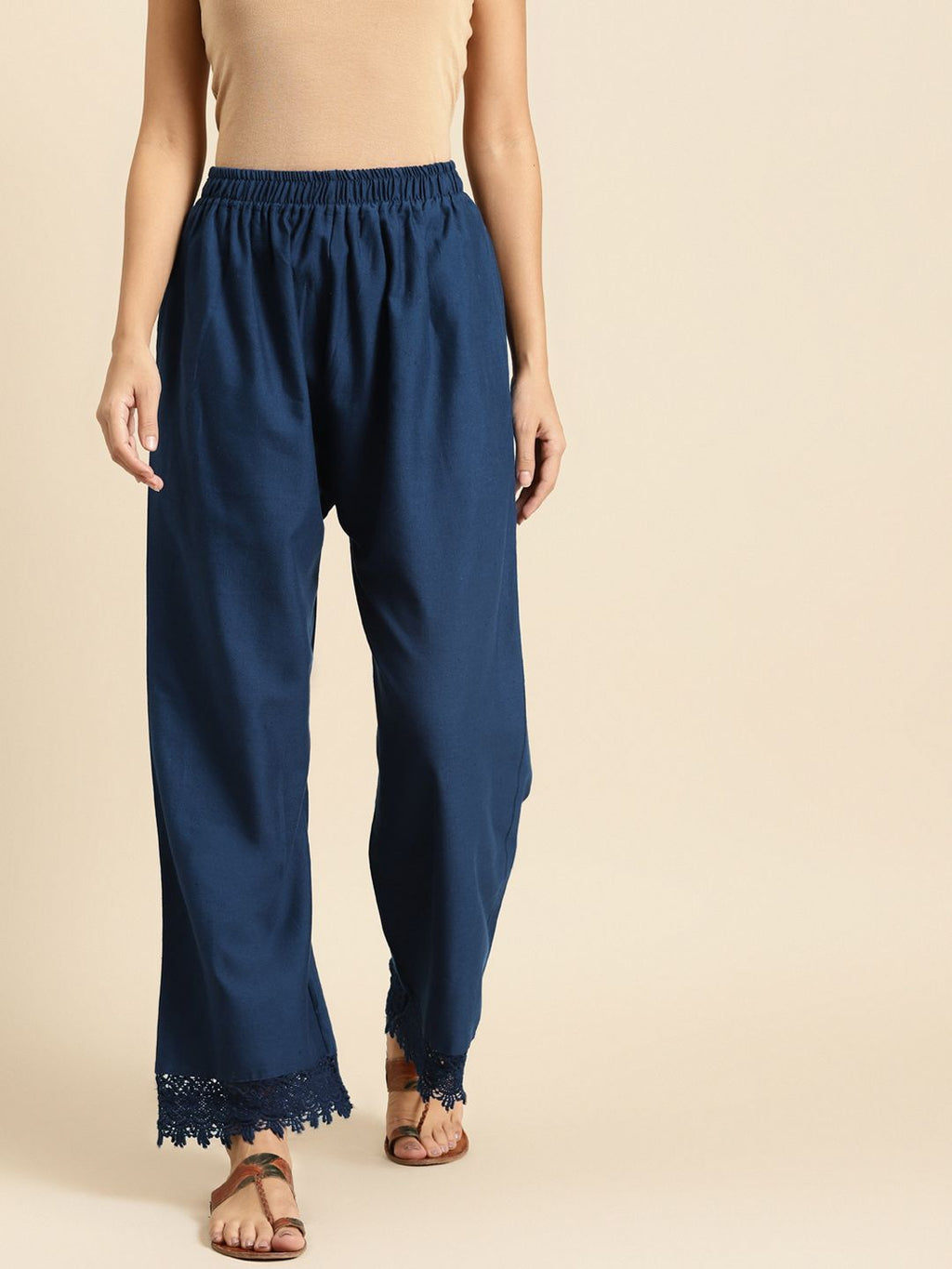 TAG 7 Women Navy Blue Hem Design Straight Palazzos