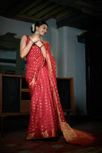 Vardha Rosewood Red Golden Zari Banarasi Raw Silk Saree