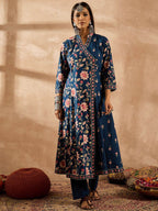Indo Era Women Floral Printed Angrakha Beads and Stones Pure Cotton Kurta with Trousers & With Dupatta - Distacart