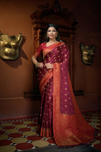 Vardha Ruby Pink Golden Zari Banarasi Satin Silk Saree