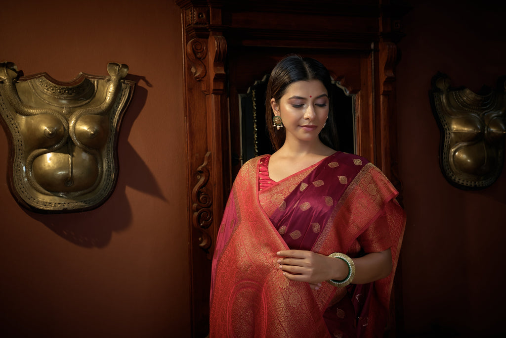 Vardha Ruby Pink Golden Zari Banarasi Satin Silk Saree