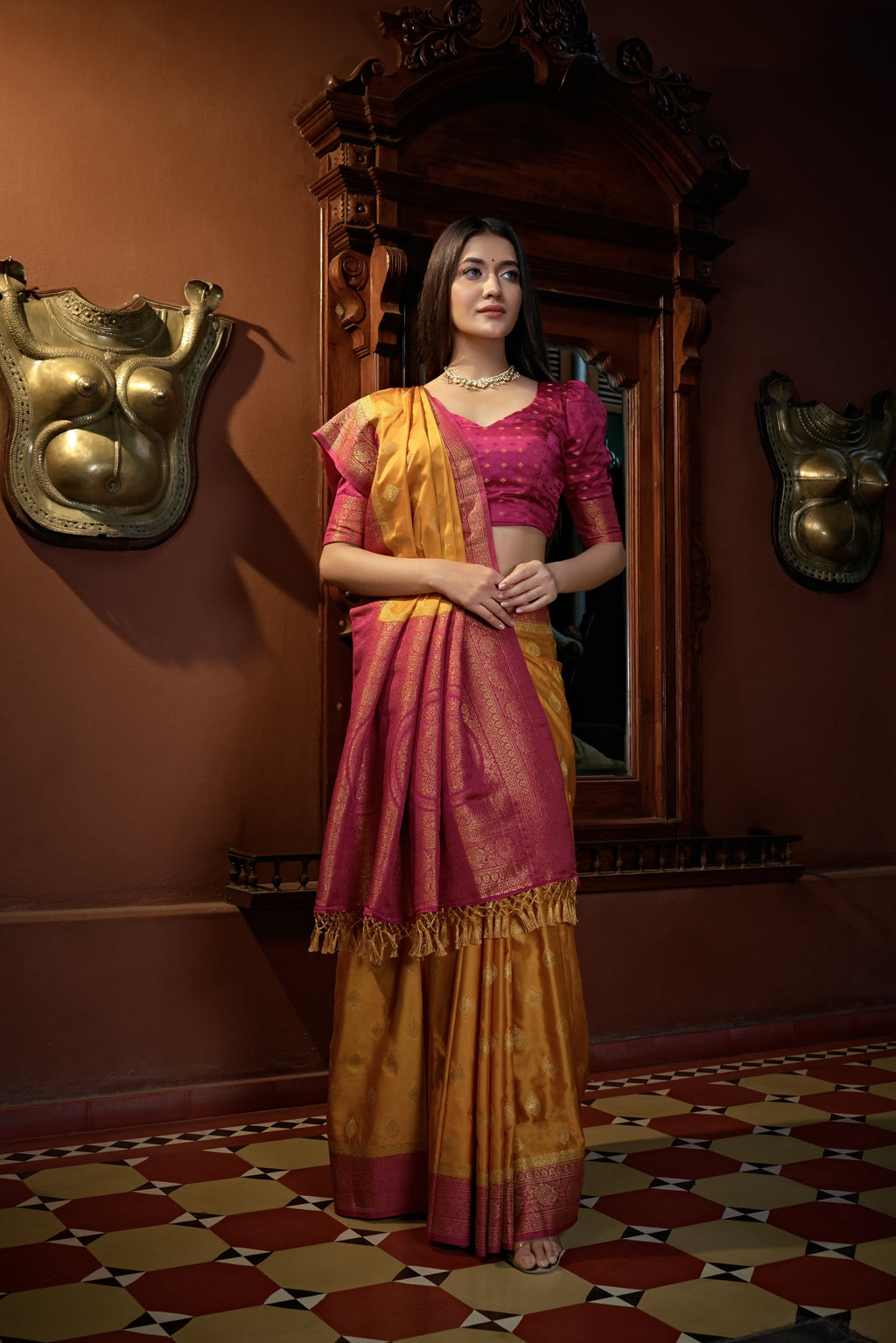 Vardha Sunset Yellow Golden Zari Banarasi Satin Silk Saree