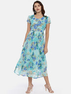Souchii Sea Green & Blue Floral Printed A-Line Dress - Distacart
