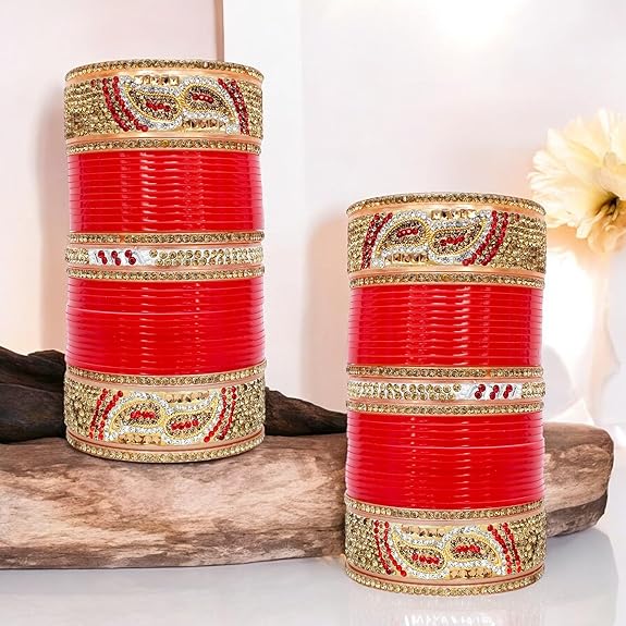 Tehzeeb Creations Bridal Bangle Set Designer Golden White & Red Stone Chuda Bridal Wedding Choora Fashion Chura For Women - Distacart