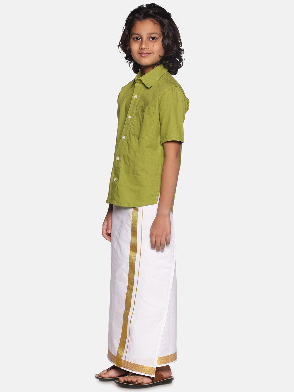 Sethukrishna Boys Green & White Solid Pure Cotton Shirt with Readymade Dhoti