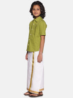 Sethukrishna Boys Green & White Solid Pure Cotton Shirt with Readymade Dhoti