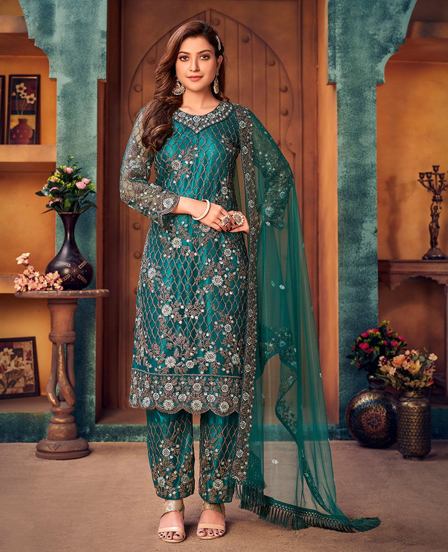 Monjolika Fashion Teal Color Trendy Designer Net Pakistani Salwar Kameez - Distacart