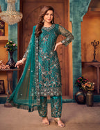 Monjolika Fashion Teal Color Trendy Designer Net Pakistani Salwar Kameez - Distacart