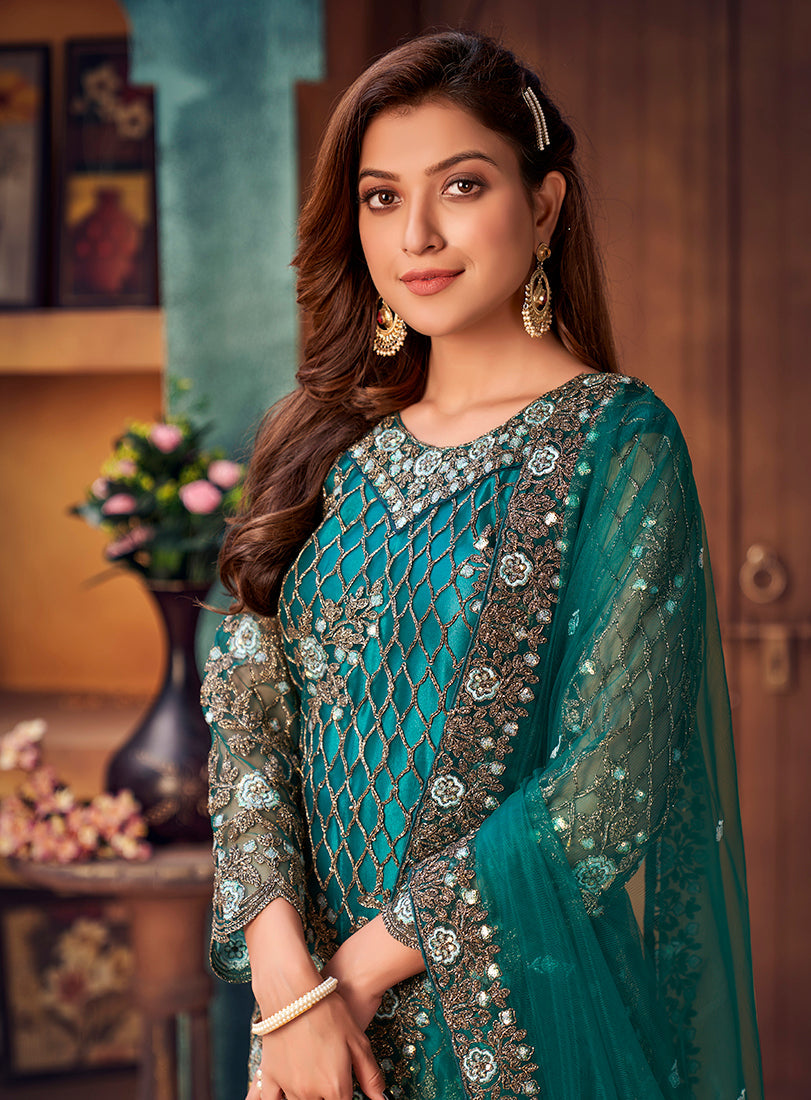 Monjolika Fashion Teal Color Trendy Designer Net Pakistani Salwar Kameez - Distacart