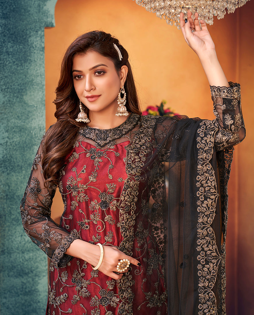 Monjolika Fashion Red Black Color Trendy Designer Net Pakistani Salwar Kameez - Distacart