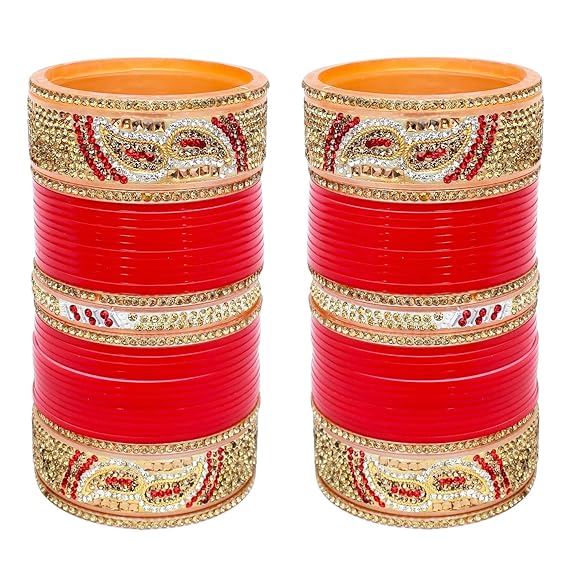Tehzeeb Creations Bridal Bangle Set Designer Golden White & Red Stone Chuda Bridal Wedding Choora Fashion Chura For Women - Distacart