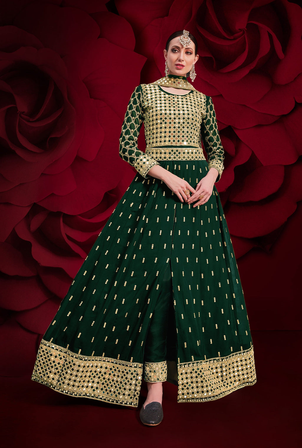 Monjolika Fashion Dark Green Color Georgette Festival Anarkali Salwar Suit - Distacart
