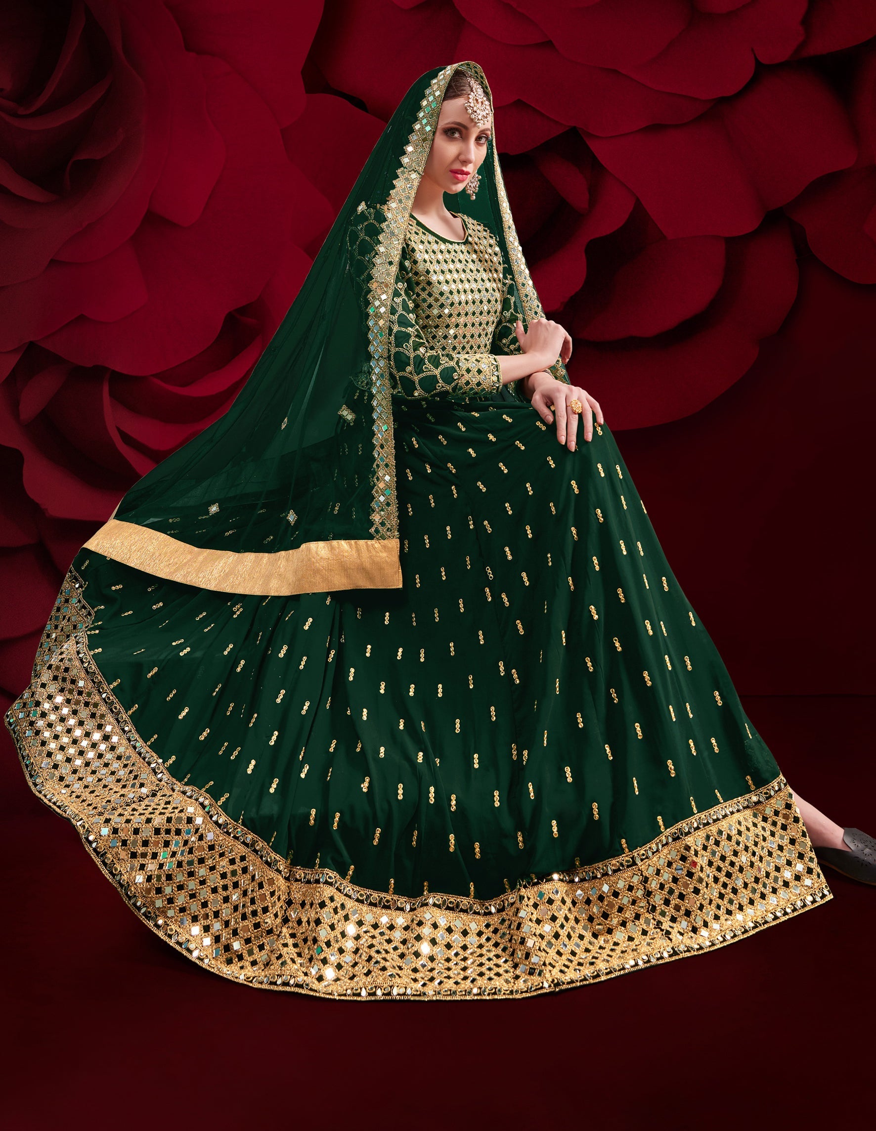 Monjolika Fashion Dark Green Color Georgette Festival Anarkali Salwar Suit - Distacart