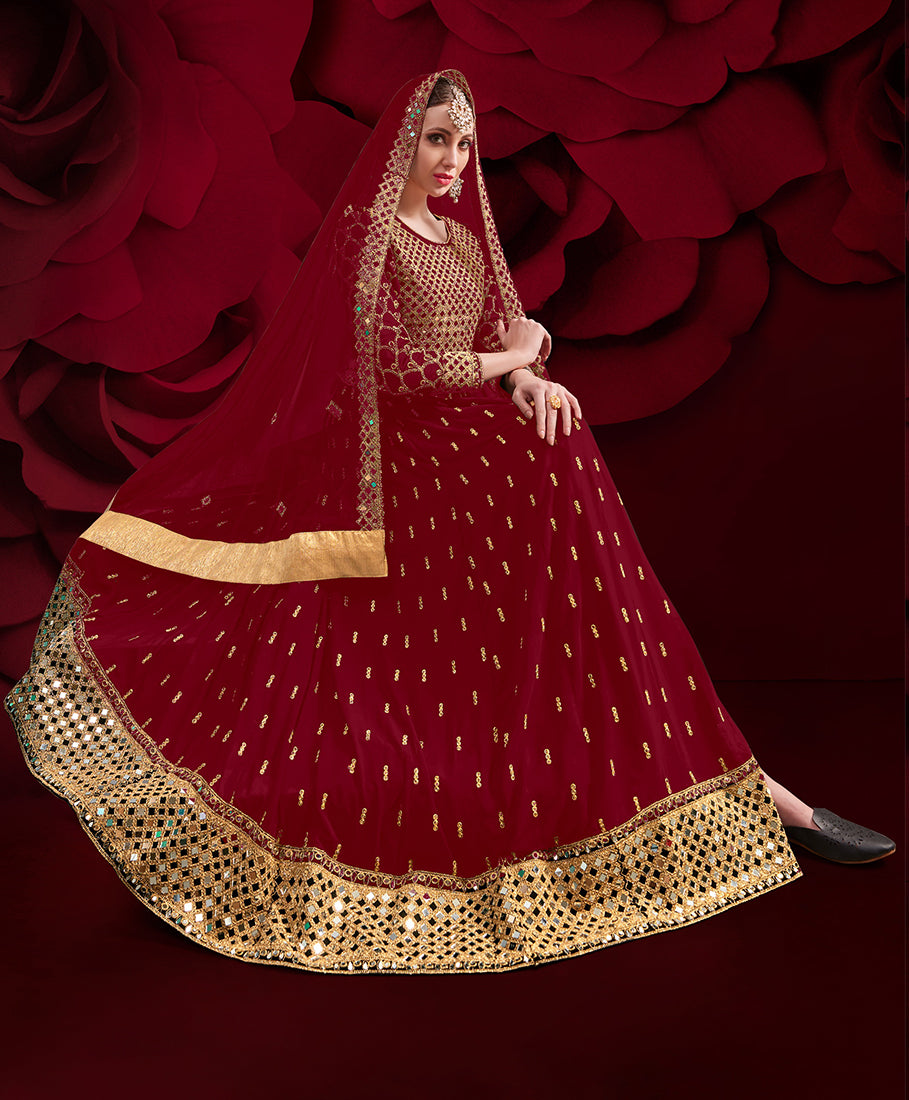 Monjolika Fashion Red Color Georgette Festival Anarkali Salwar Suit - Distacart