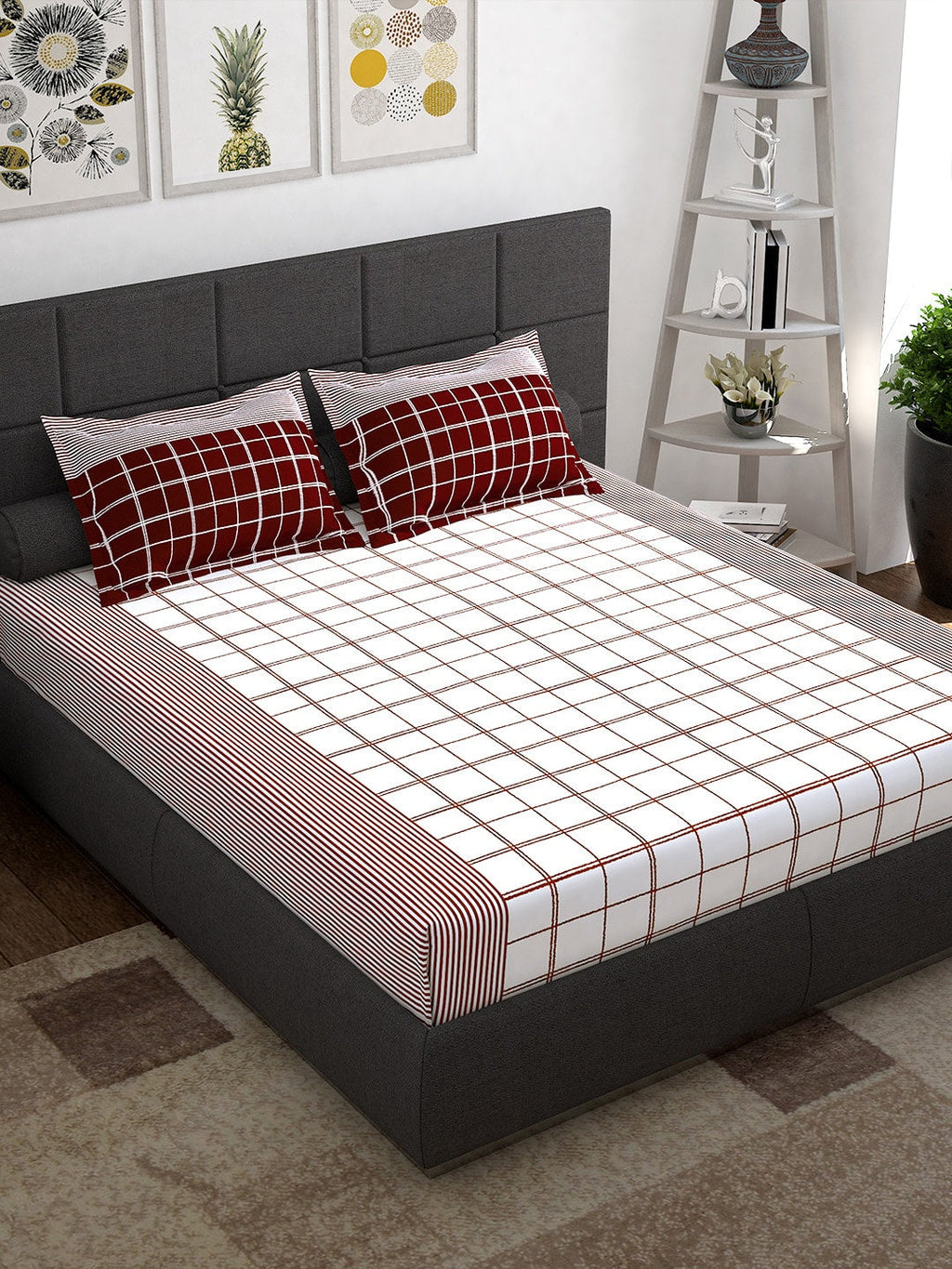 Story@home Maroon & White Geometric 152 TC Queen Bedsheet with 2 Pillow Covers