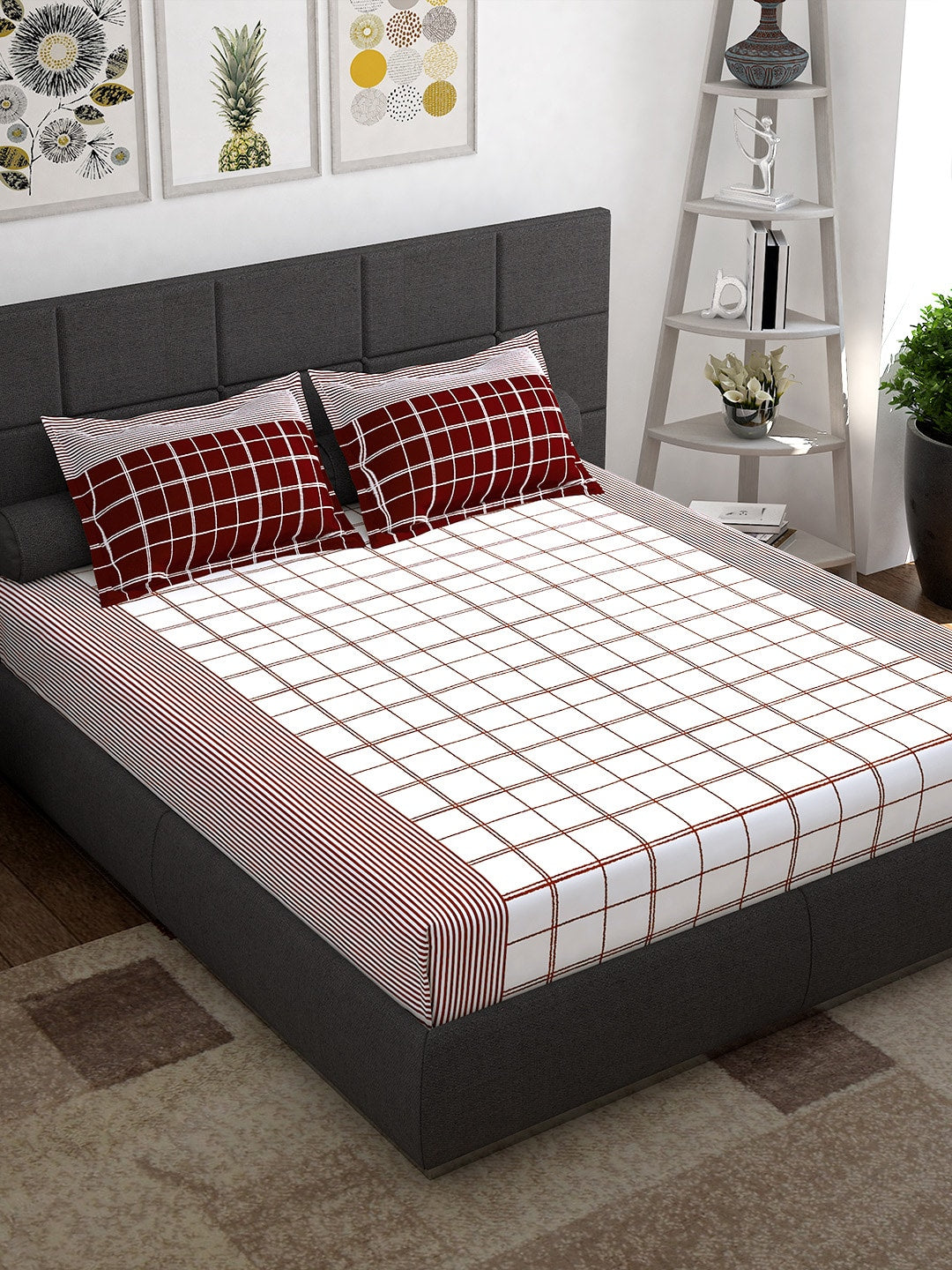 Story@home Maroon & White Geometric 152 TC Queen Bedsheet with 2 Pillow Covers