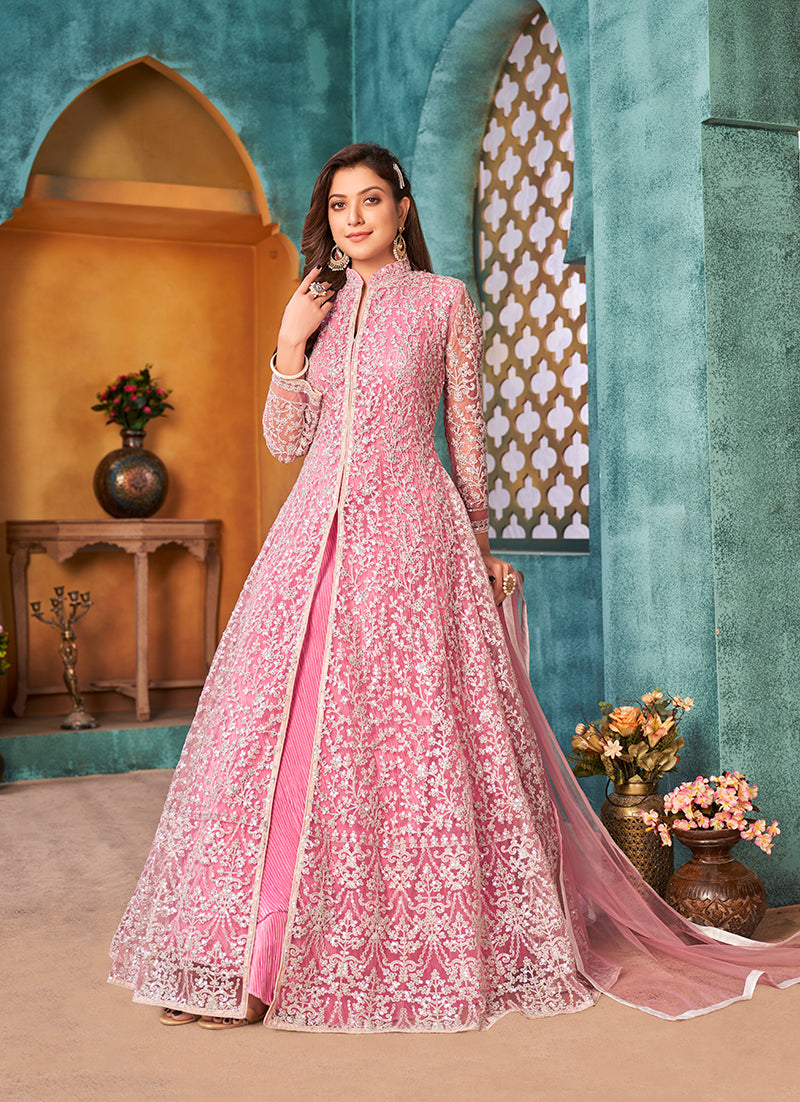 Monjolika Fashion Pink Color Net Designer Floor Length Suit - Distacart