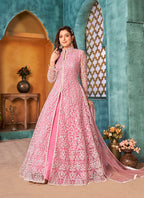 Monjolika Fashion Pink Color Net Designer Floor Length Suit - Distacart