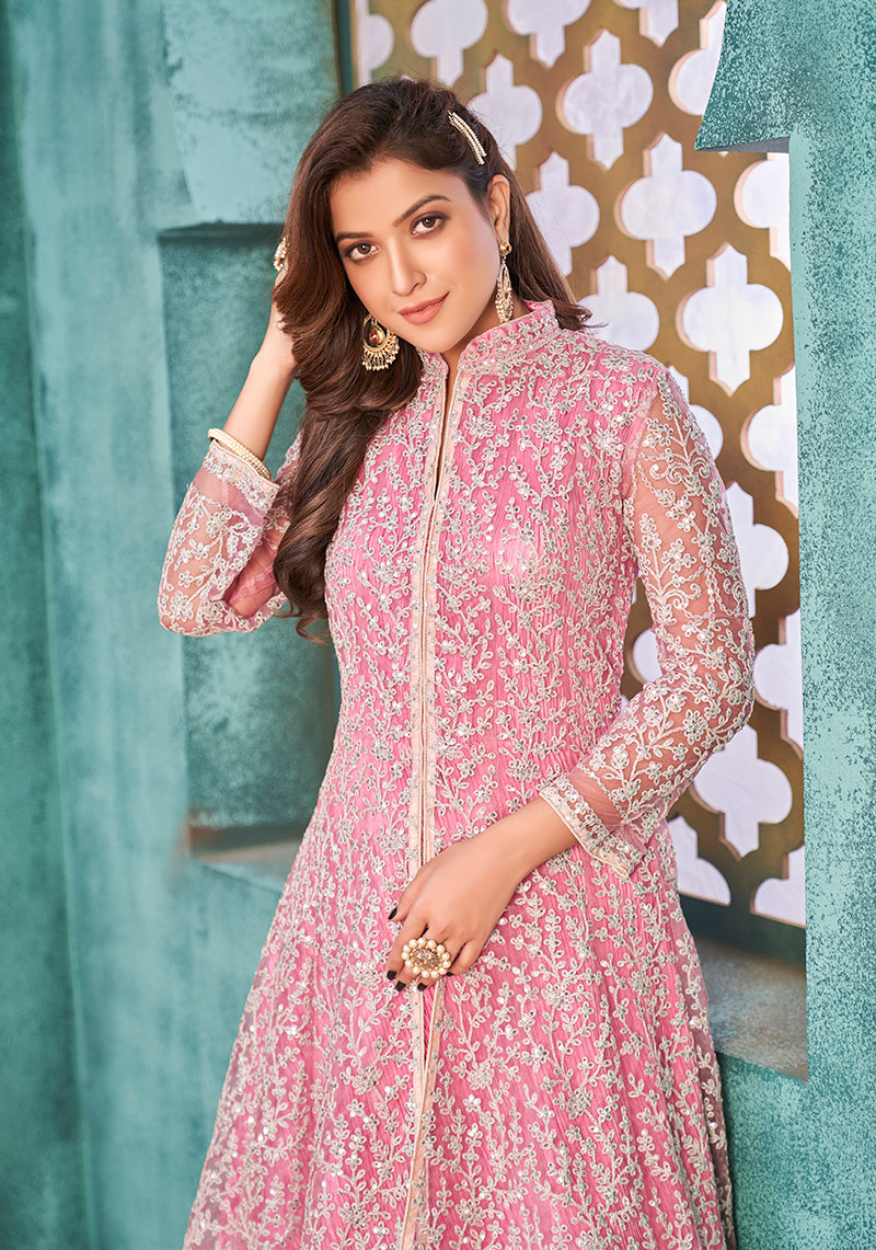 Monjolika Fashion Pink Color Net Designer Floor Length Suit - Distacart