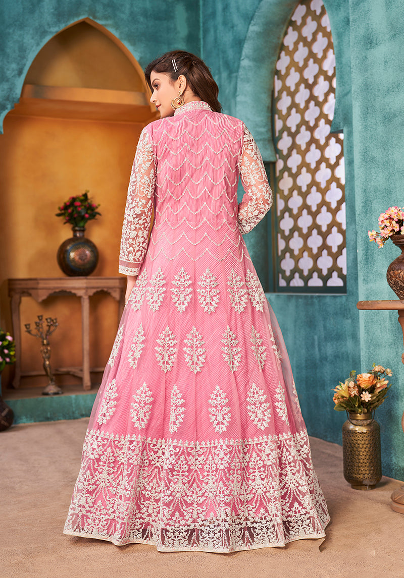 Monjolika Fashion Pink Color Net Designer Floor Length Suit - Distacart