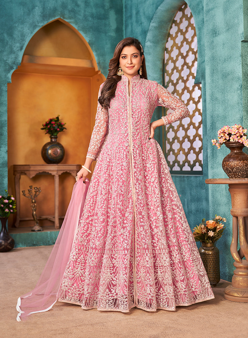 Monjolika Fashion Pink Color Net Designer Floor Length Suit - Distacart