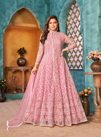 Monjolika Fashion Pink Color Net Designer Floor Length Suit - Distacart