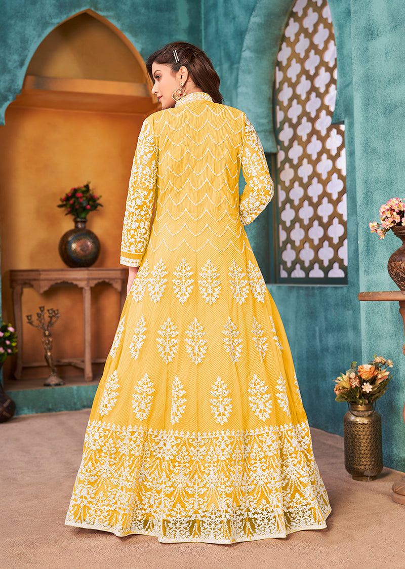 Monjolika Fashion Yellow Color Net Designer Floor Length Suit - Distacart
