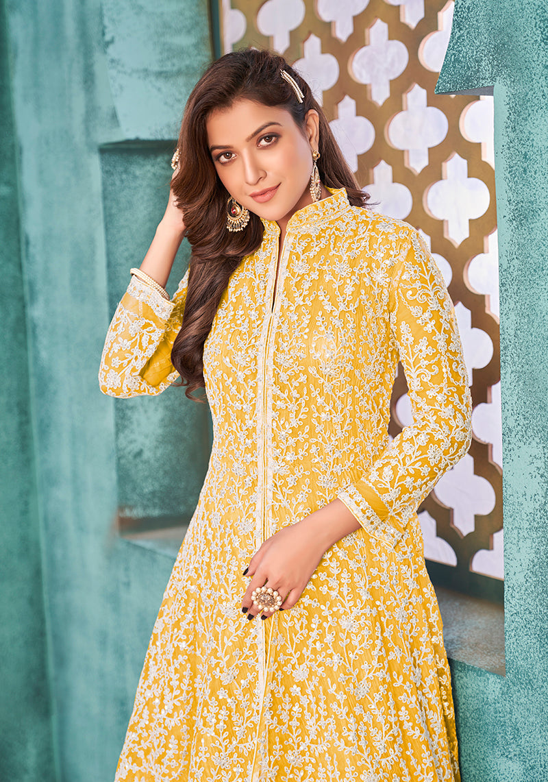 Monjolika Fashion Yellow Color Net Designer Floor Length Suit - Distacart