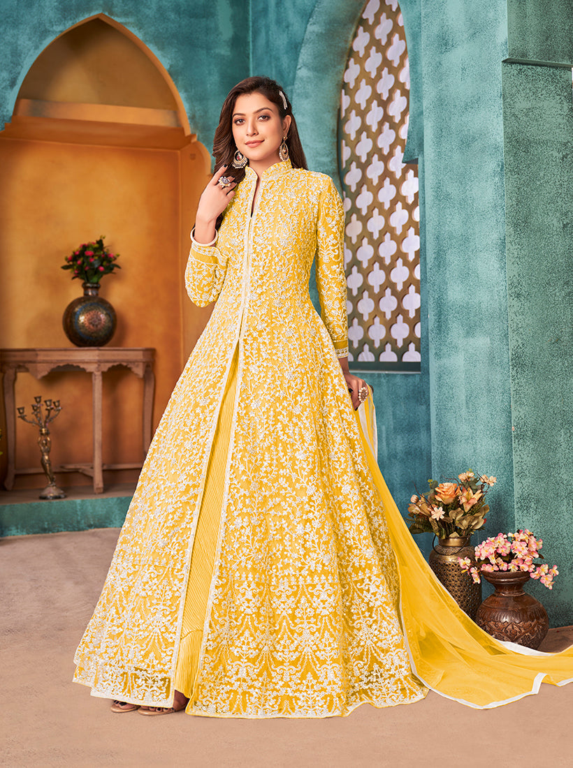 Monjolika Fashion Yellow Color Net Designer Floor Length Suit - Distacart