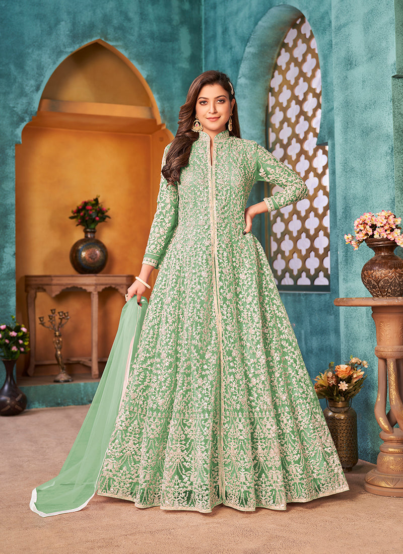 Monjolika Fashion Sea Green Color Net Designer Floor Length Suit - Distacart