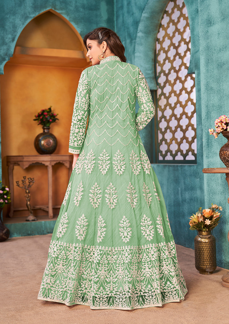Monjolika Fashion Sea Green Color Net Designer Floor Length Suit - Distacart
