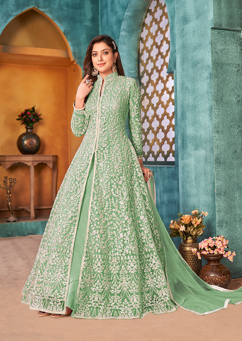 Monjolika Fashion Sea Green Color Net Designer Floor Length Suit - Distacart