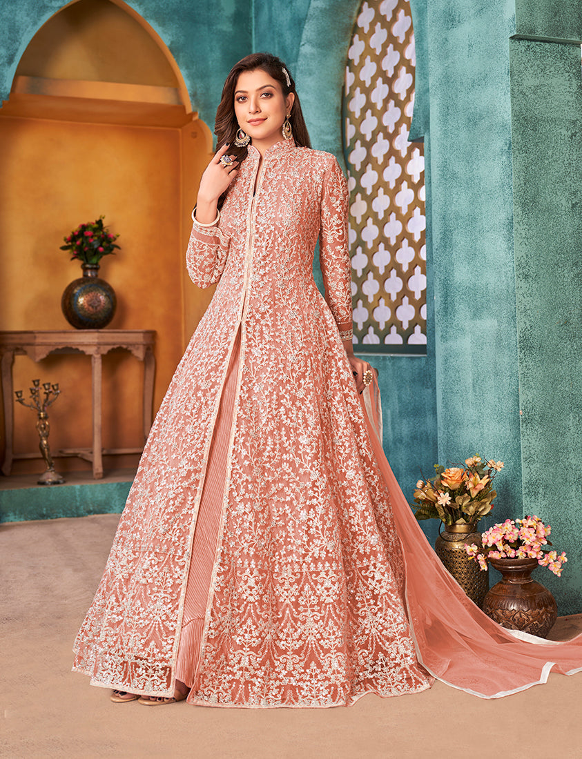 Monjolika Fashion Peach Color Net Designer Floor Length Suit - Distacart