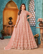 Monjolika Fashion Peach Color Net Designer Floor Length Suit - Distacart