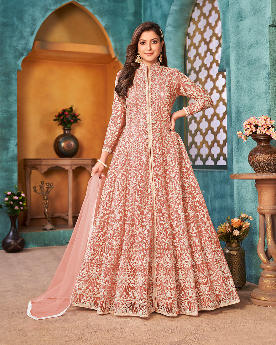 Monjolika Fashion Peach Color Net Designer Floor Length Suit - Distacart