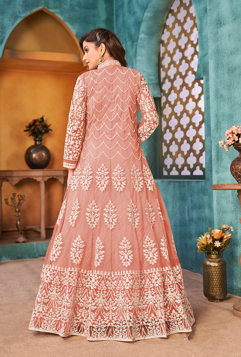 Monjolika Fashion Peach Color Net Designer Floor Length Suit - Distacart