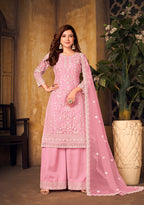 Monjolika Fashion Light Pink Color Net Embroidered Palazzo Suit - Distacart
