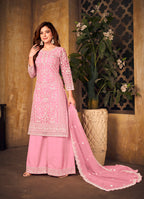 Monjolika Fashion Light Pink Color Net Embroidered Palazzo Suit - Distacart