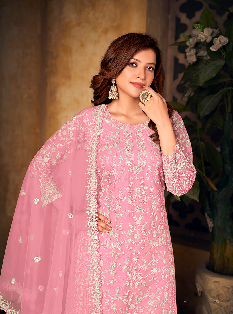 Monjolika Fashion Light Pink Color Net Embroidered Palazzo Suit - Distacart