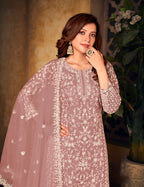 Monjolika Fashion Mauve Color Net Embroidered Palazzo Suit - Distacart