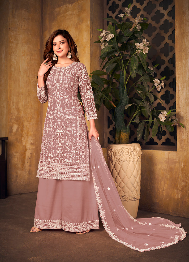 Monjolika Fashion Mauve Color Net Embroidered Palazzo Suit - Distacart