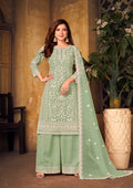 Monjolika Fashion Sea Green Color Net Embroidered Palazzo Suit - Distacart
