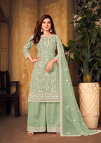 Monjolika Fashion Sea Green Color Net Embroidered Palazzo Suit - Distacart