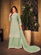 Monjolika Fashion Sea Green Color Net Embroidered Palazzo Suit - Distacart