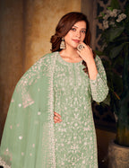 Monjolika Fashion Sea Green Color Net Embroidered Palazzo Suit - Distacart